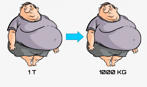 Перед кг в г. Толстый человек 1000 килограмм.